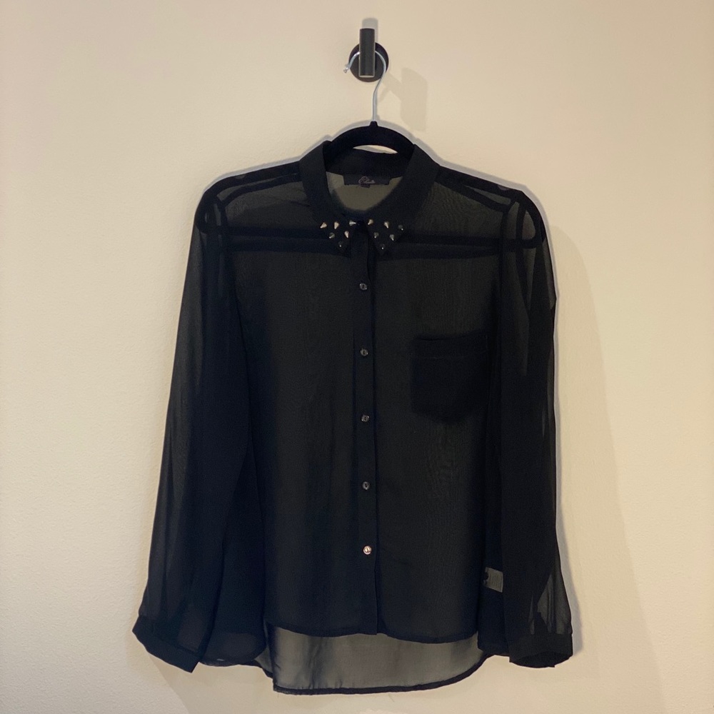 Woven Button Down Sheer Top With Studs Medium